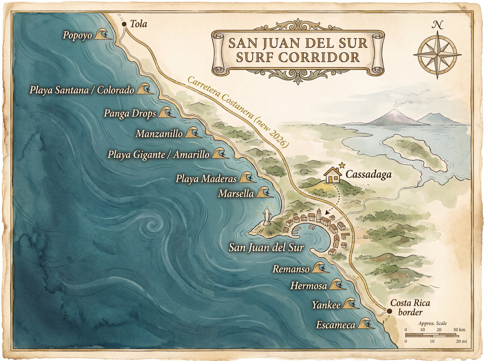 Illustrated map of the San Juan del Sur surf corridor, showing thirteen named
                    breaks from Popoyo in the north to Escameca at the Costa Rica border, with
                    Cassadaga marked on the hillside above San Juan del Sur.